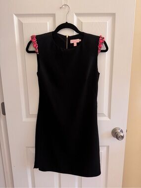 Ted Baker Black Reevah Sleeveless Shift Pencil Dress with Pink Beaded Shoulders